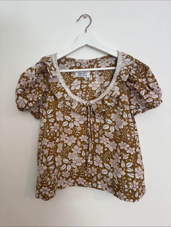 Anthropologie Tops - OOAK Mustard Floral Puff-Sleeve Cotton Blouse